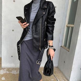Belted Pleather Biker Jacket Black - One Size