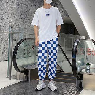 Short-sleeve Lettering T-shirt / Checkered Cropped Harem Pants / Set