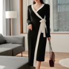Long-sleeve Contrast Trim Wrap Knit Sheath Dress