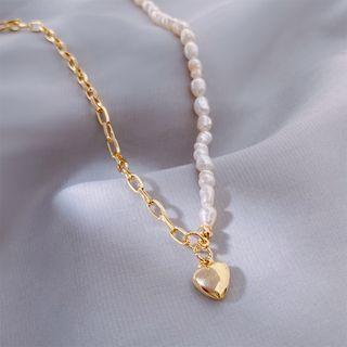 Heart Faux Pearl Necklace White Faux Pearl - Gold - One Size