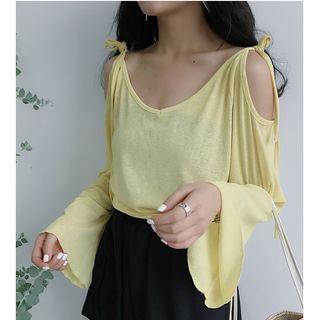 Cold Shoulder Sheer Long-sleeve T-shirt