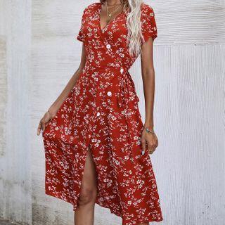 Short-sleeve Tie-waist Floral Print A-line Dress