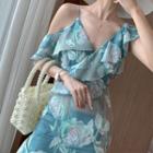 Asymmetric Cold-shoulder Ruffle Trim Floral Midi A-line Dress