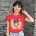 Print Lace Trim Short-sleeve T-shirt