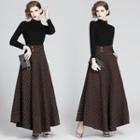 Set: Long-sleeve Knit Top + Plaid Maxi A-line Skirt