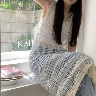 Set: Sleeveless Perforated Dress + Tank Top Set Of 2 - Tank Top & Dress - Off-white - One Size