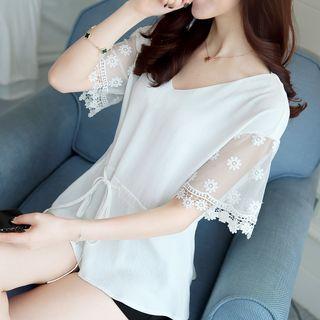 Drawstring Lace Panel Short-sleeve Top
