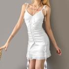 Tie-shoulder Lace-up Ruffle-trim Mini Dress
