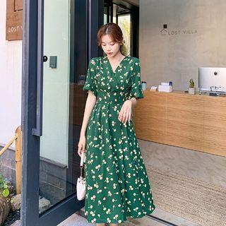 Short-sleeve V-neck Cherry Print Midi A-line Dress