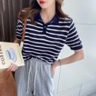 Elbow-sleeve Polo Neck Striped Knit Top