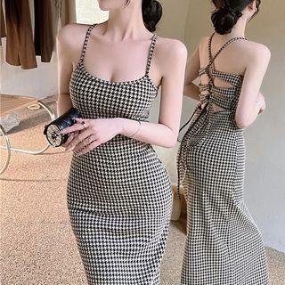 Spaghetti-strap Houndstooth Sheath Dress