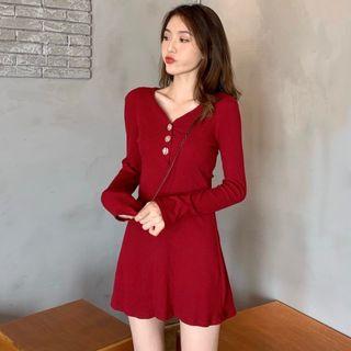 V-neck Long-sleeve Henley T-shirt Dress