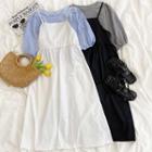 Set: Puff-sleeve Plaid Shirt + Plain Spaghetti-strap Dress