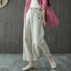Floral Embroidered Linen Wide-leg Pants