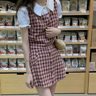 Short-sleeve Blouse / Sleeveless Plaid Top / Mini Skort / Set