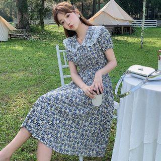 Short-sleeve Collar Floral Midi A-line Dress