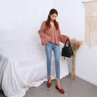 Balloon-sleeve Nubby-knit Cardigan