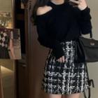 Cutout Knit Top / Tweed Skirt