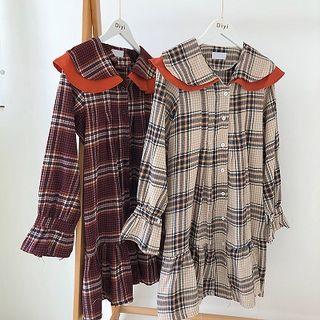 Layered Collar Plaid Long-sleeve A-line Dress