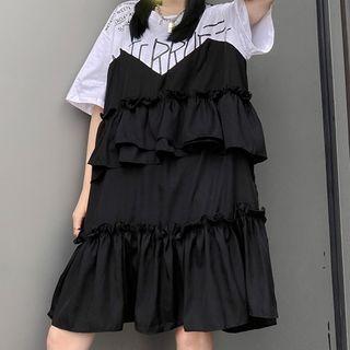 Layered Ruffle Panel Elbow-sleeve Shift Dress Black - One Size
