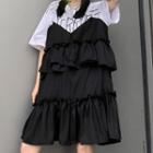 Layered Ruffle Panel Elbow-sleeve Shift Dress Black - One Size
