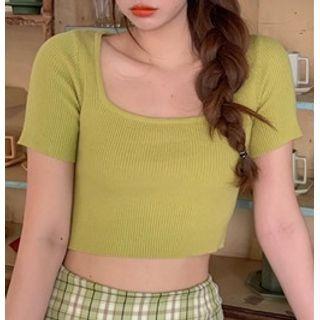 Short-sleeve Square-neck Cropped Knit Top