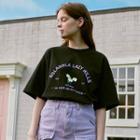 Round-neck Letter-printed T-shirt Black - One Size
