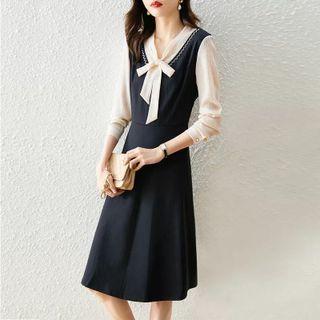 Mock Two-piece Bow-neck Midi A-line Dress