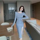 Choker-neck Long-sleeve Drawstring Midi Sheath Dress