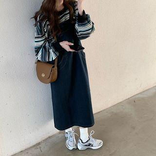 Denim Jumper Maxi Dress / Striped Sweatshirt