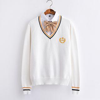 V-neck Crown Embroidered Sweater