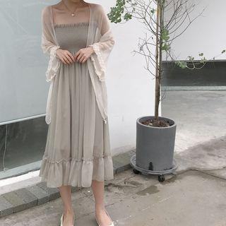 Spaghetti-strap Ruffle Trim Chiffon Dress / Plain Cardigan