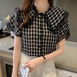 Short-sleeve Lace Trim Plaid Shirt