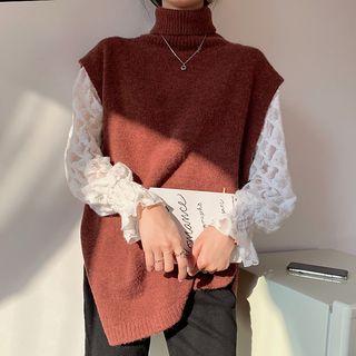 Bell-sleeve Lace Blouse / Turtleneck Knit Vest