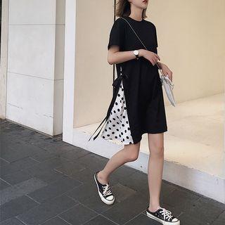 Short-sleeve Polka Dot Paneled A-line T-shirt Dress