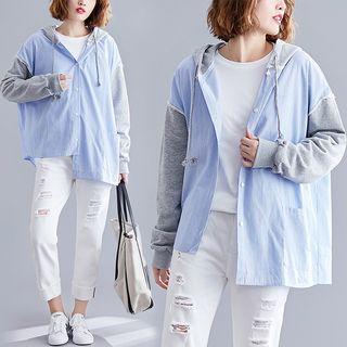 Striped Paneled Hooded Buttoned Jacket As Shown In Figure - One Size