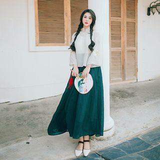 Plain Camisole Top / Traditional Chinese Embroidered Blouse / Maxi A-line Skirt / Set