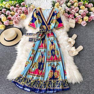 Tie-waist Short-sleeve Vintage Print Midi Dress