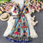Tie-waist Short-sleeve Vintage Print Midi Dress