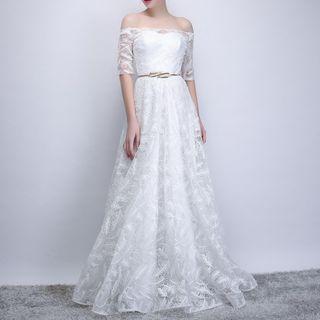 Off Shoulder Elbow Sleeve Lace Evening Gown