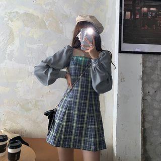 Puff-sleeve Panel Plaid Mini Sheath Dress