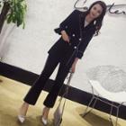 Set: Contrast Trim Double-breasted Blazer + Boot-cut Dress Pants