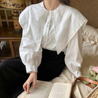 Set : Long-sleeve Peter Pan Collar Shirt + Midi Skirt