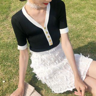 Short-sleeve Knit Top Black & White - One Size