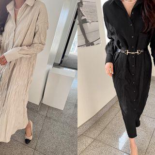 Crinkled Plain Long Shirtdress