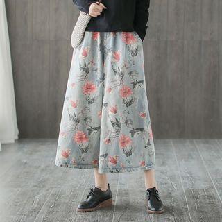 Floral Denim Wide Leg Pants