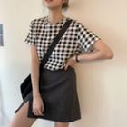 Short-sleeve Gingham T-shirt As Shown In Figure - One Size