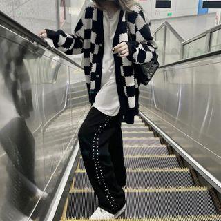 Checkered Cardigan / Set: Checkered Cardigan + Wide-leg Pants