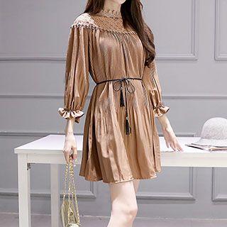 Long-sleeve Crochet-panel Pleated Dress