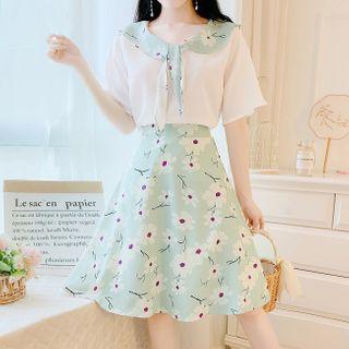 Set: Short-sleeve Sailor Collar Blouse + Floral Print A-line Skirt